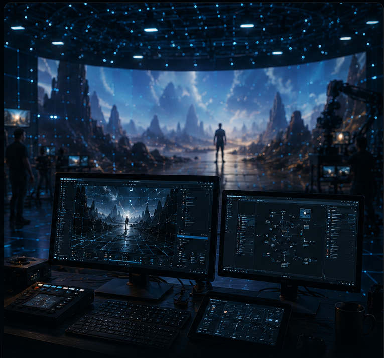 Virtual production environment with digital production layers and screens