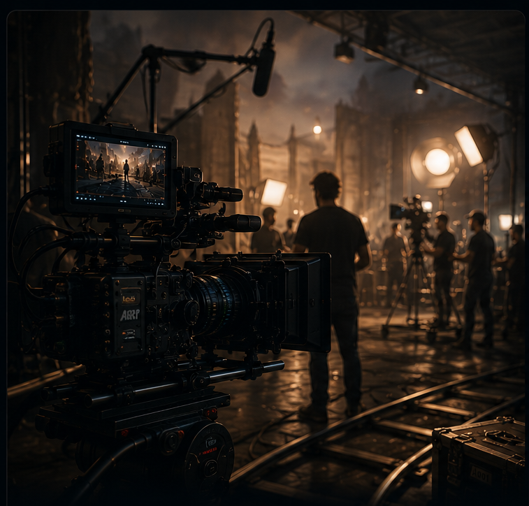 Cinema camera and practical filmmaking equipment on a production set
