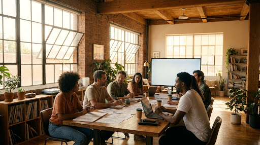Creative professionals collaborating in a bright studio